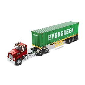 Western Star 4700 SB Tandem Truck Tractor Met. Red w/Skeleton Trailer & 40' Dry Goods Sea Container Evergreen